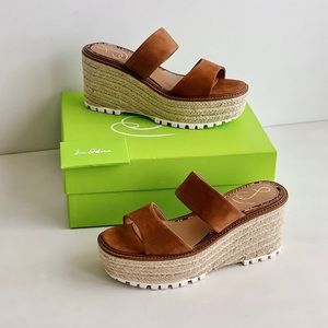 ✨New SAM EDELMAN Luca  Leather Wedge Platform Jute Sandals Brown 9M